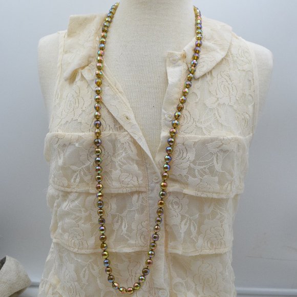 Sterling Amber Aurora Borealis Necklace AB Crystal Bead 44 1/2" - Picture 8 of 12